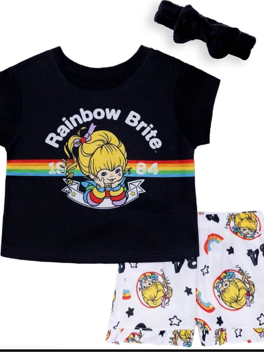 NWT Rainbow Brite Girls Tee & Shorts Set w/ Headband Size XS 4/5 - 3pieces